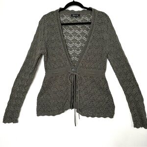 Boho Forest Green Open Crochet Goblincore Peplum Cardigan Scallop Hem Tie Waist